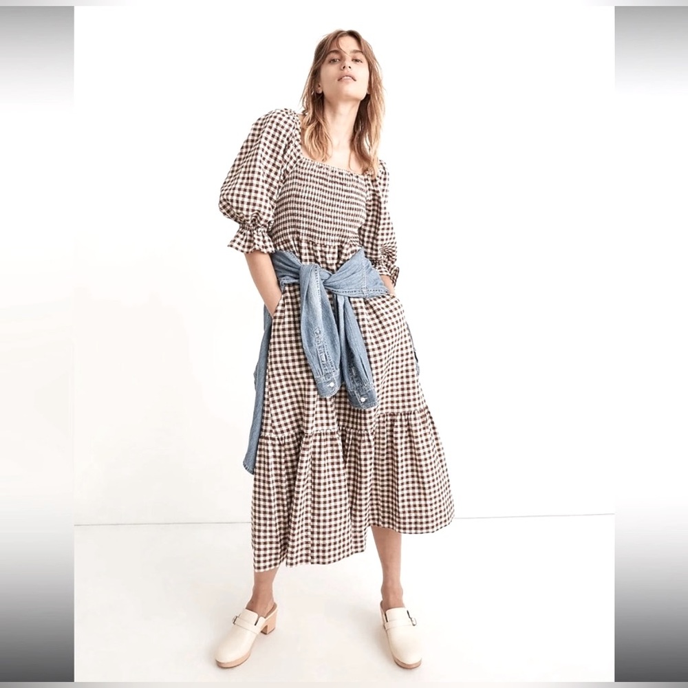Madewell Lucie Elbow- Sleeve Smocked Midi Dress Gingham *PERFECT FALL DRESS*